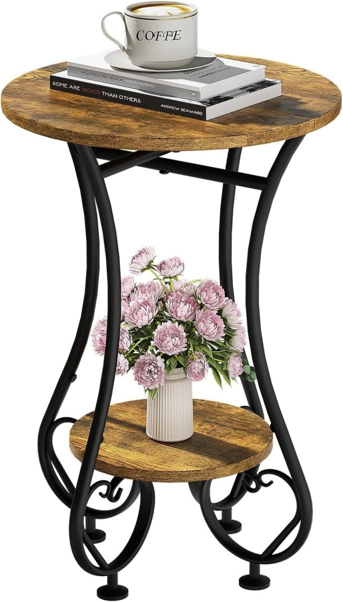 Small Round Side Table with Lower Shelf – Rustic Wood, Metal Frame, Compact - Kwikley