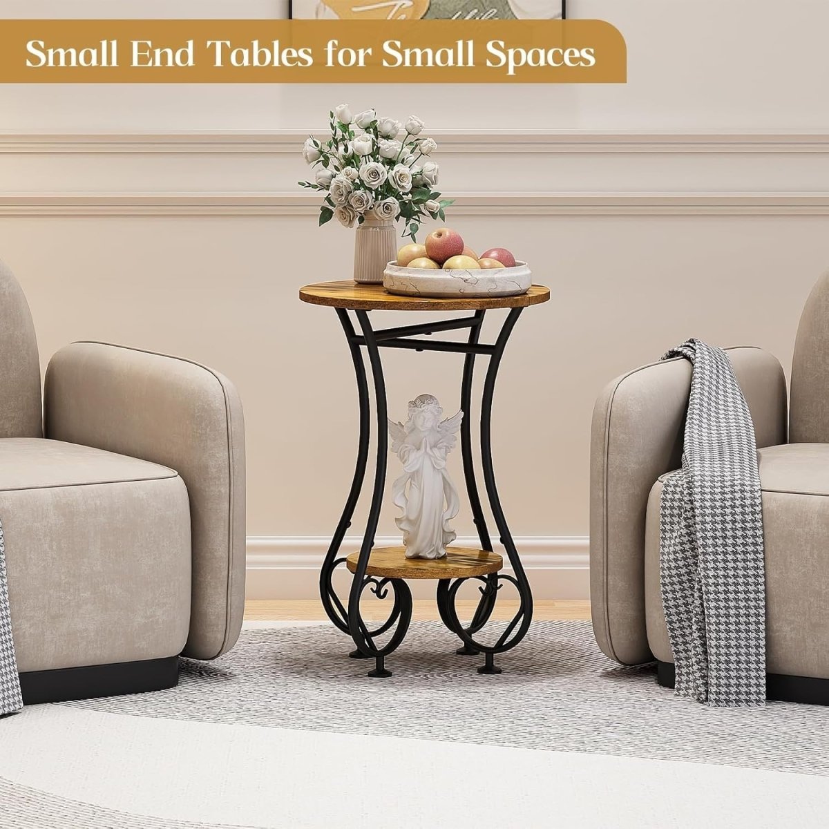 Small Round Side Table with Lower Shelf – Rustic Wood, Metal Frame, Compact - Kwikley