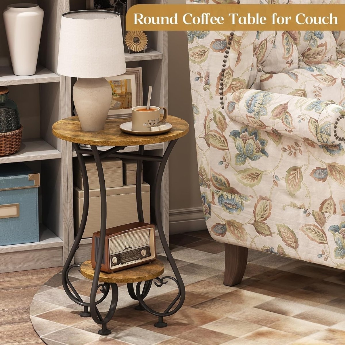 Small Round Side Table with Lower Shelf – Rustic Wood, Metal Frame, Compact - Kwikley