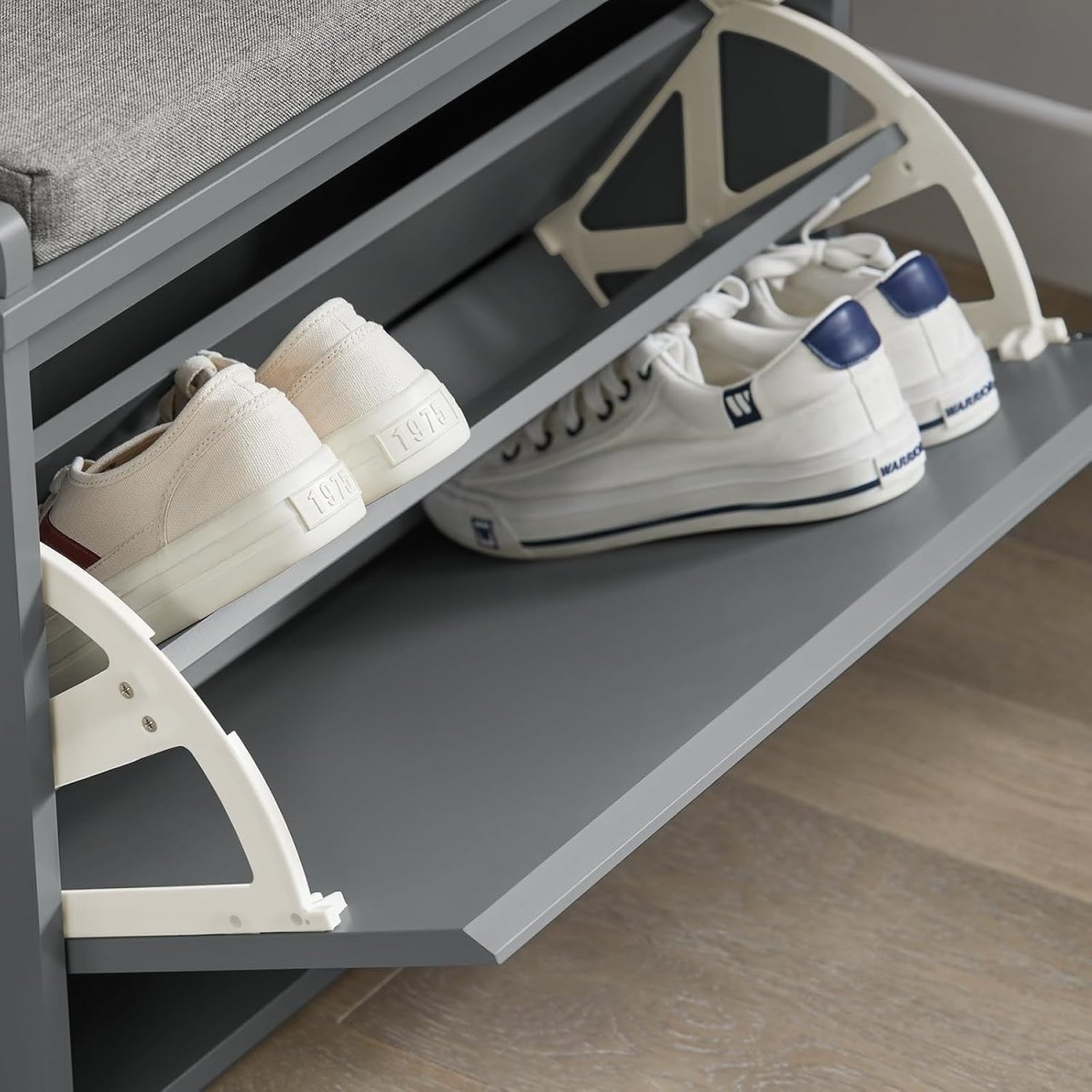 Small Shoe Storage Bench with Cushion Seat – Flip Drawer Rack 62cm Grey - Kwikley