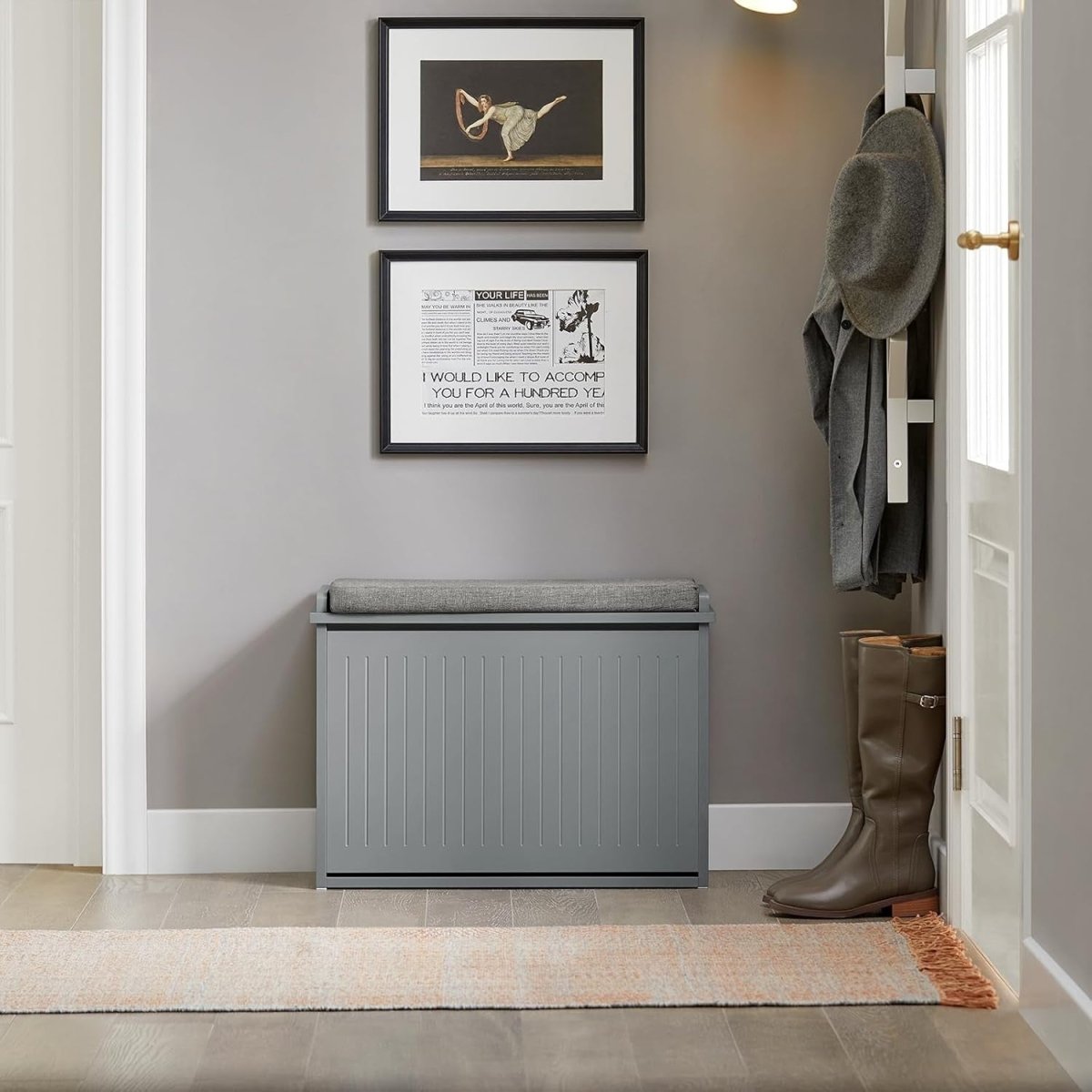 Small Shoe Storage Bench with Cushion Seat – Flip Drawer Rack 62cm Grey - Kwikley