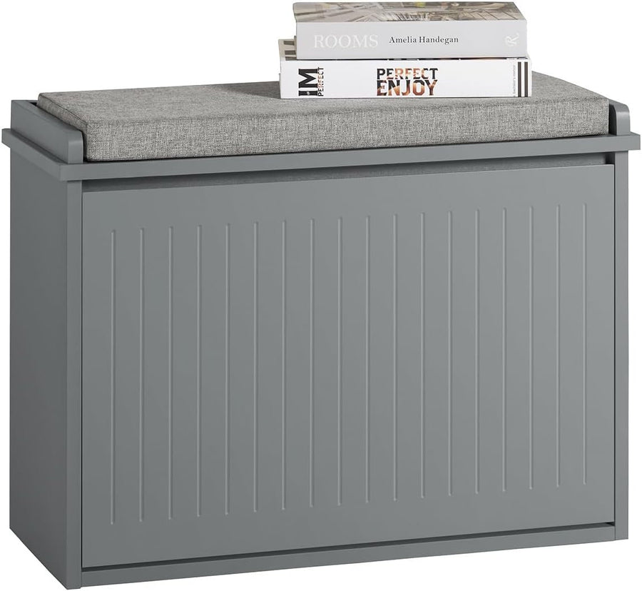 Small Shoe Storage Bench with Cushion Seat – Flip Drawer Rack 62cm Grey - Kwikley