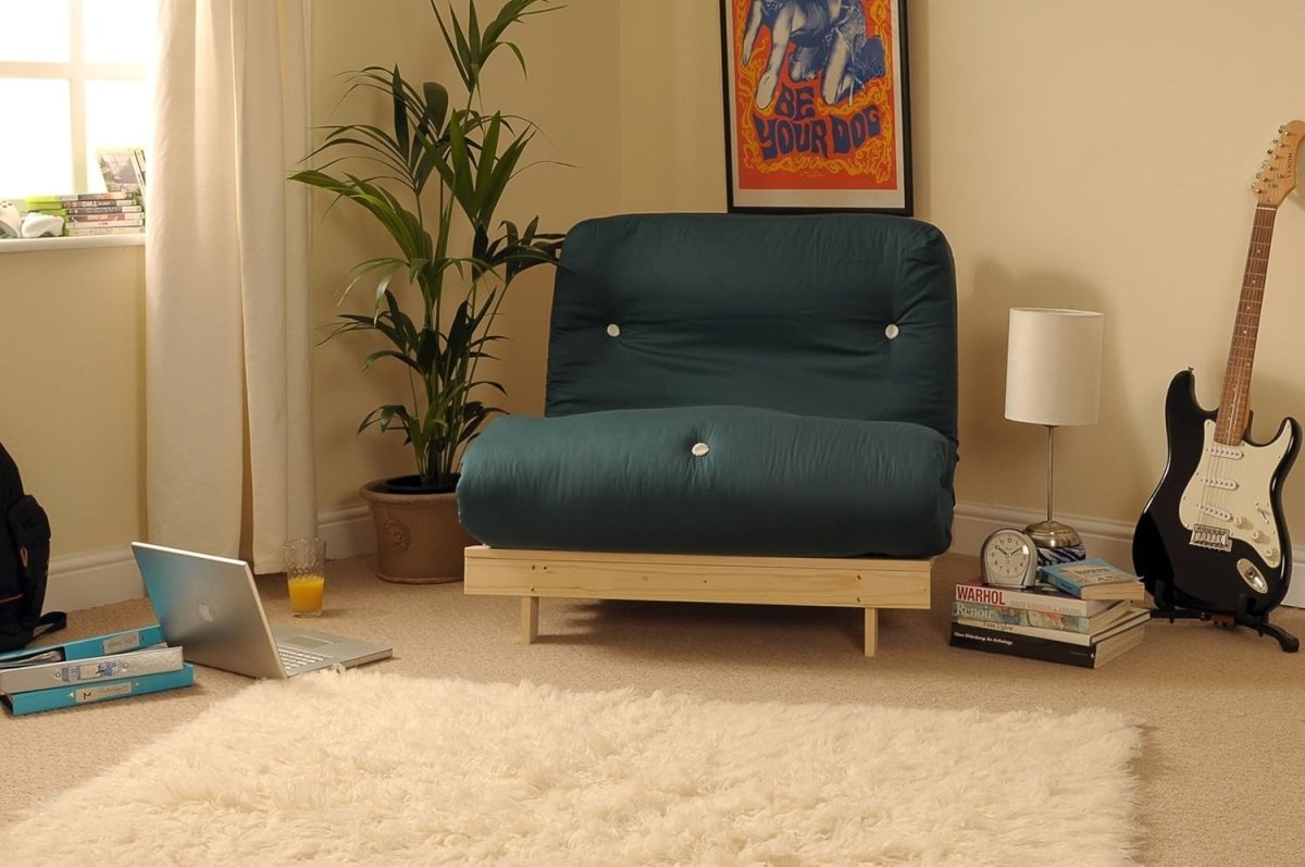 Small Single Wooden Futon Bed Chair 2ft6 Tufted Green Mattress Compact - Kwikley