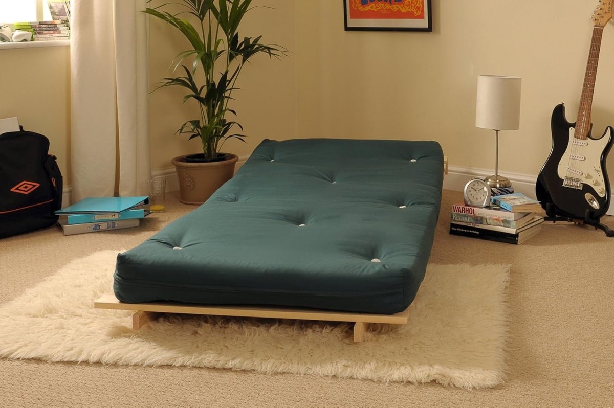 Small Single Wooden Futon Bed Chair 2ft6 Tufted Green Mattress Compact - Kwikley