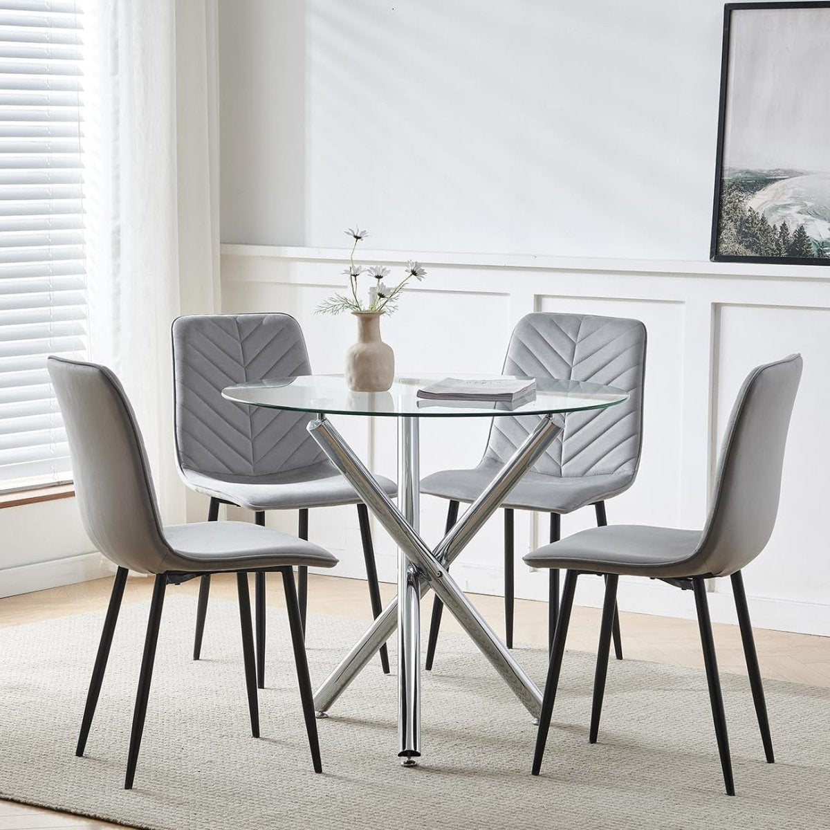 Small Space Round Glass Table & 4 Grey Velvet Chairs Kitchen Set - Kwikley