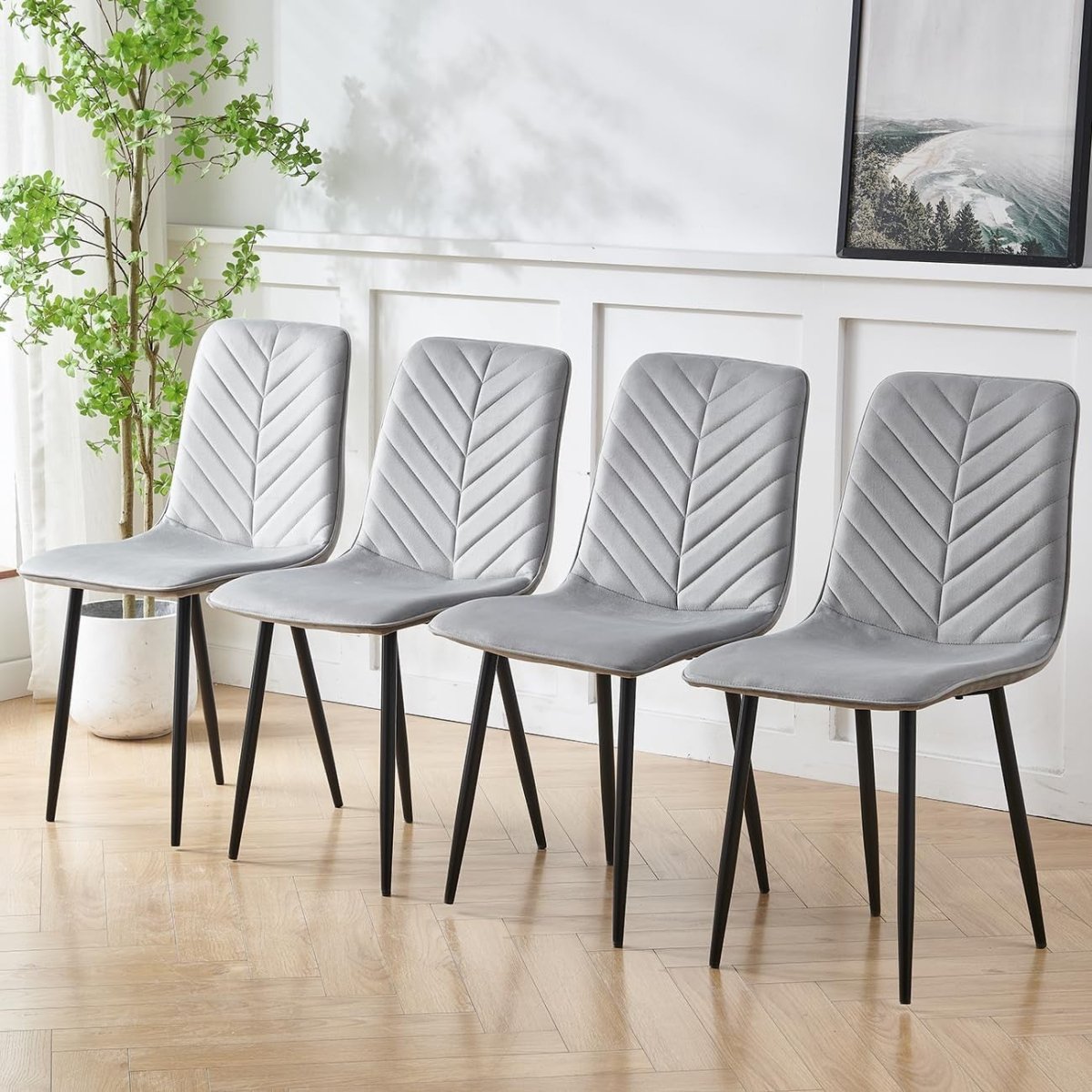 Small Space Round Glass Table & 4 Grey Velvet Chairs Kitchen Set - Kwikley