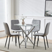 Small Space Round Glass Table & 4 Grey Velvet Chairs Kitchen Set - Kwikley