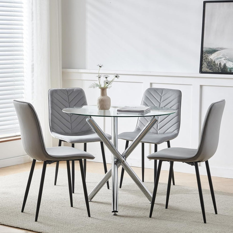 Small Space Round Glass Table & 4 Grey Velvet Chairs Kitchen Set - Kwikley