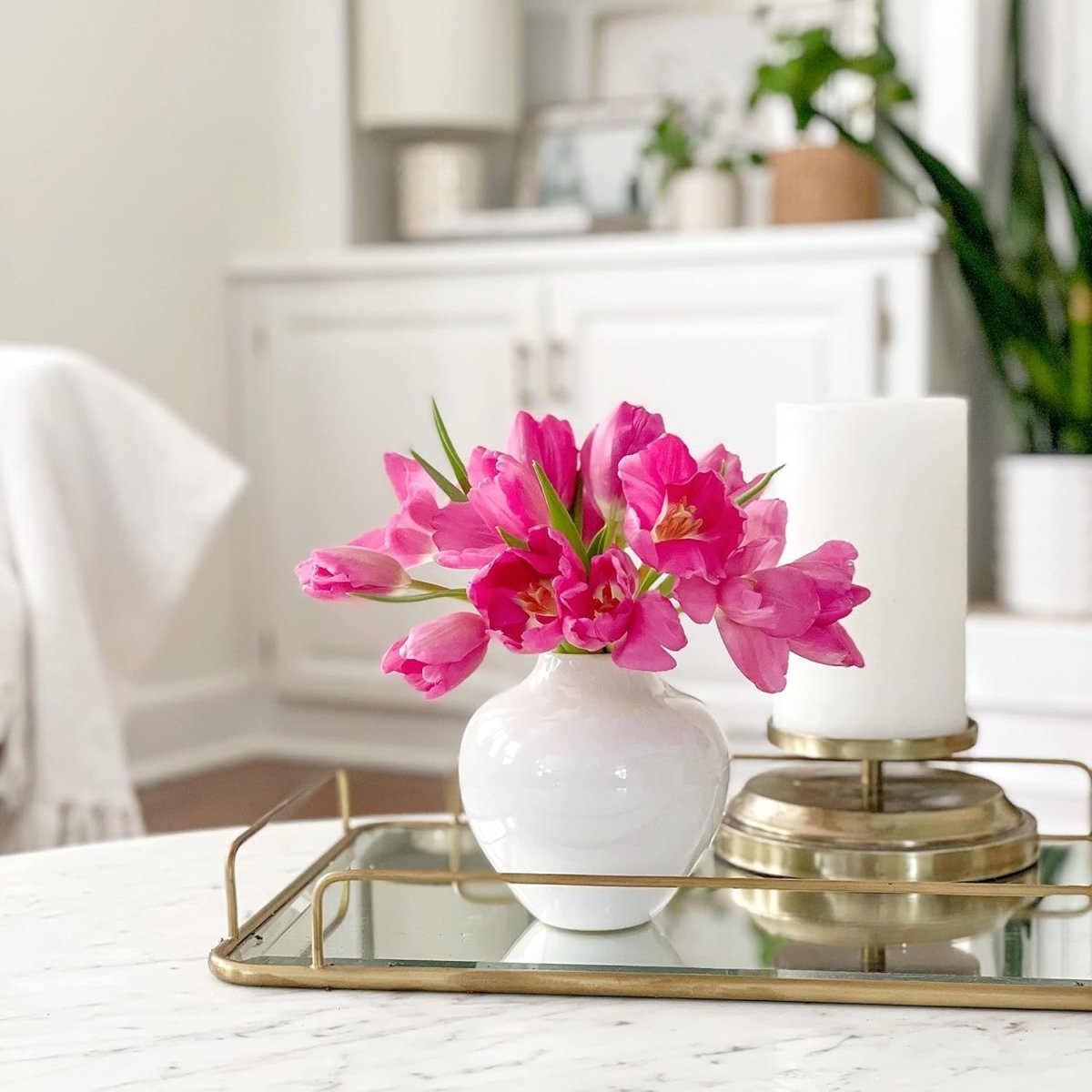 Small White Ceramic Vase 13cm Glossy Round Flower Table Decor - Kwikley