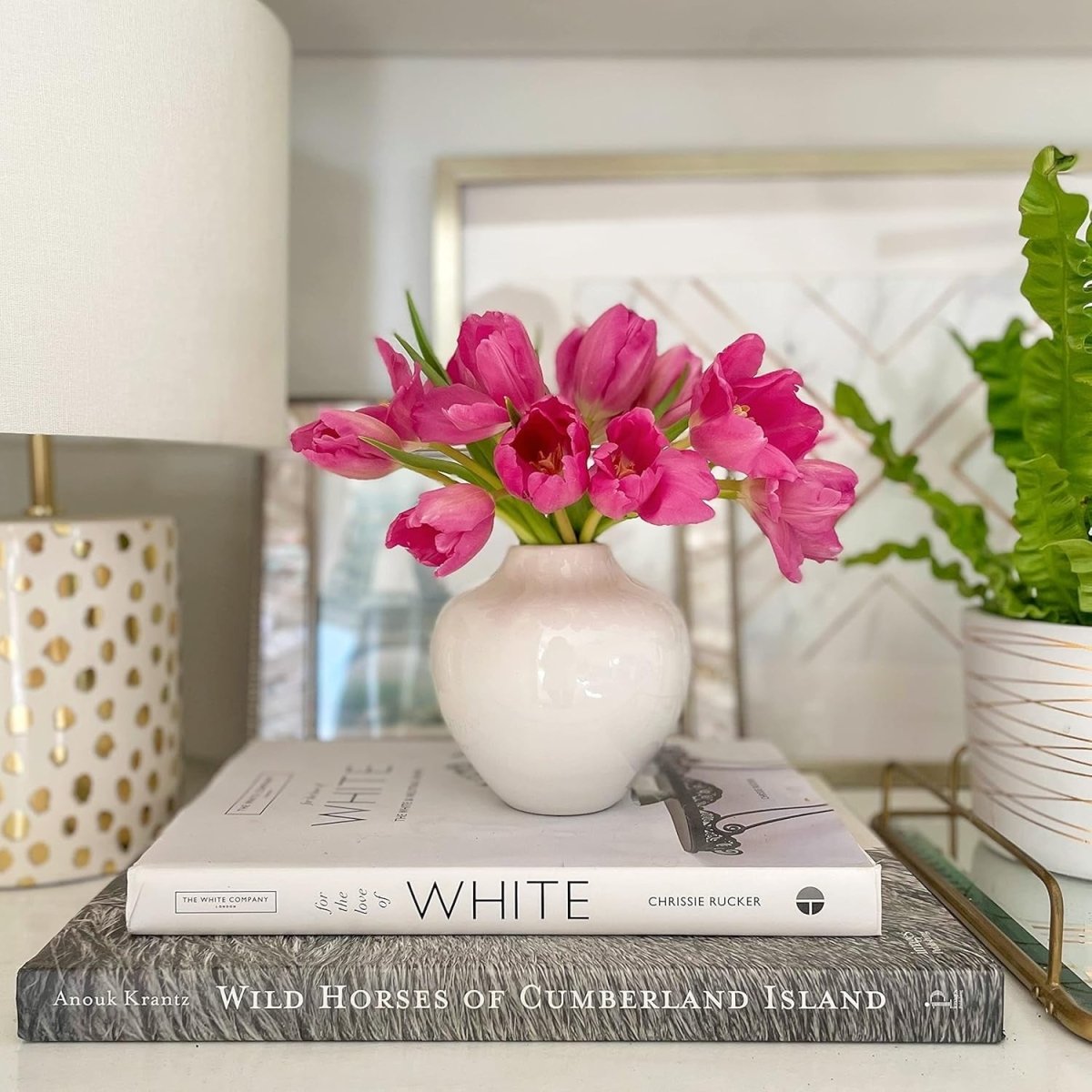 Small White Ceramic Vase 13cm Glossy Round Flower Table Decor - Kwikley