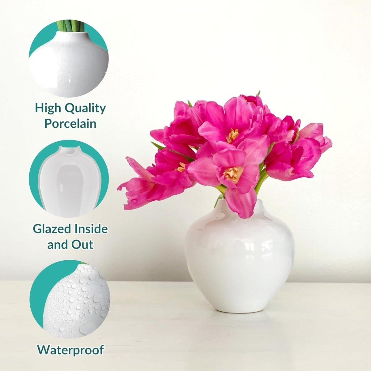 Small White Ceramic Vase 13cm Glossy Round Flower Table Decor - Kwikley