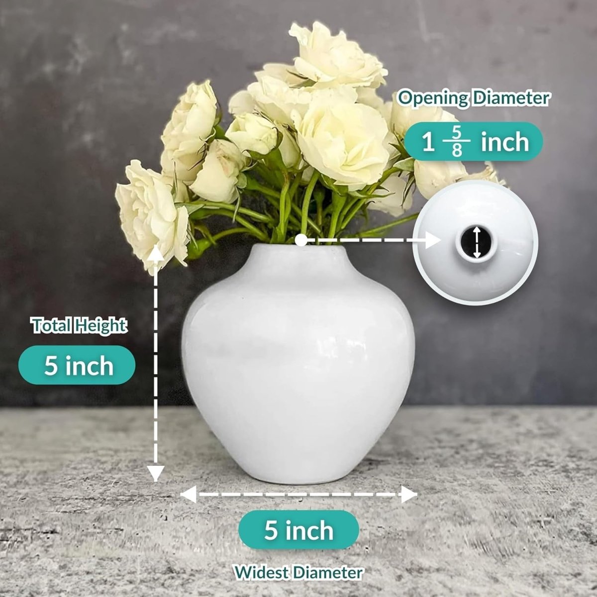 Small White Ceramic Vase 13cm Glossy Round Flower Table Decor - Kwikley