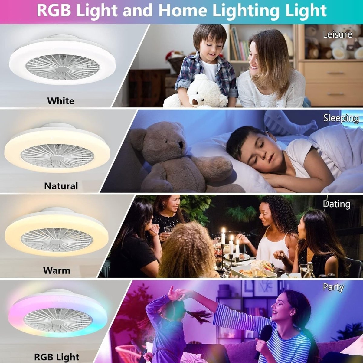 Smart 56CM Ceiling Fan with RGB Light, 3 - Speed, Remote, Bladeless - Kwikley