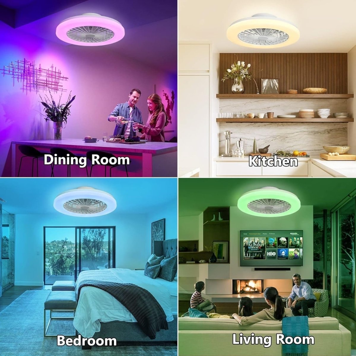 Smart 56CM Ceiling Fan with RGB Light, 3 - Speed, Remote, Bladeless - Kwikley