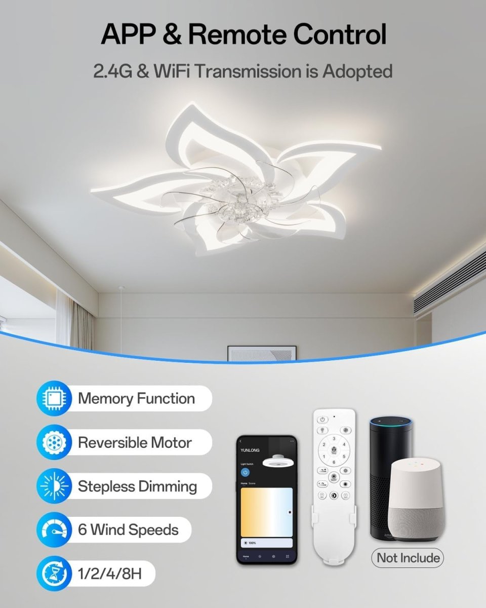 Smart Ceiling Fan with Light, 6 Speeds, Dimmable LED, White - Kwikley