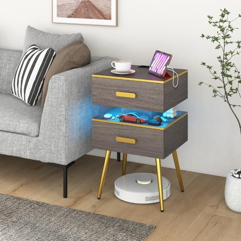 Smart LED Bedside Table w/ 2 Drawers, USB Ports, Shelf, Remote & Plug - Kwikley