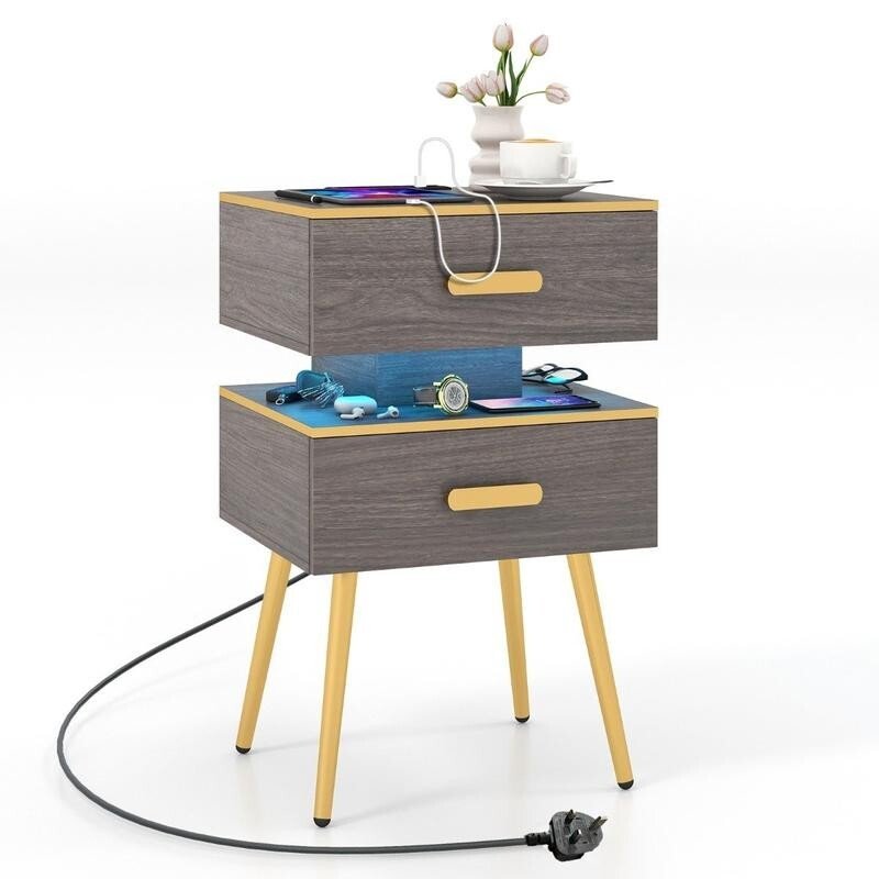 Smart LED Bedside Table w/ 2 Drawers, USB Ports, Shelf, Remote & Plug - Kwikley