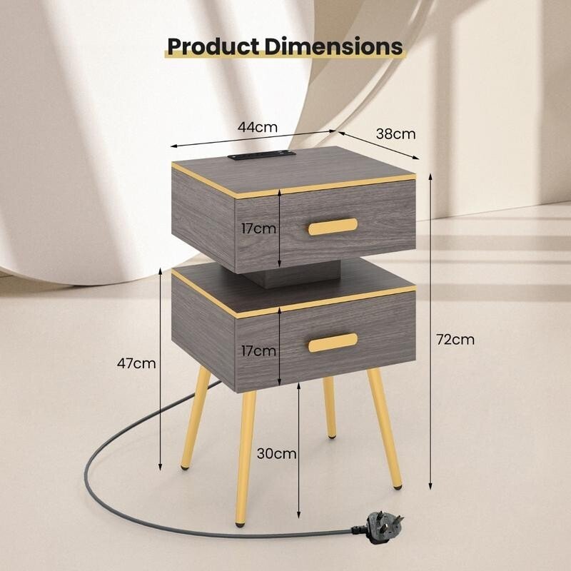 Smart LED Bedside Table w/ 2 Drawers, USB Ports, Shelf, Remote & Plug - Kwikley