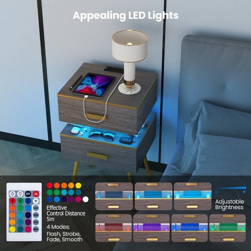 Smart LED Bedside Table w/ 2 Drawers, USB Ports, Shelf, Remote & Plug - Kwikley