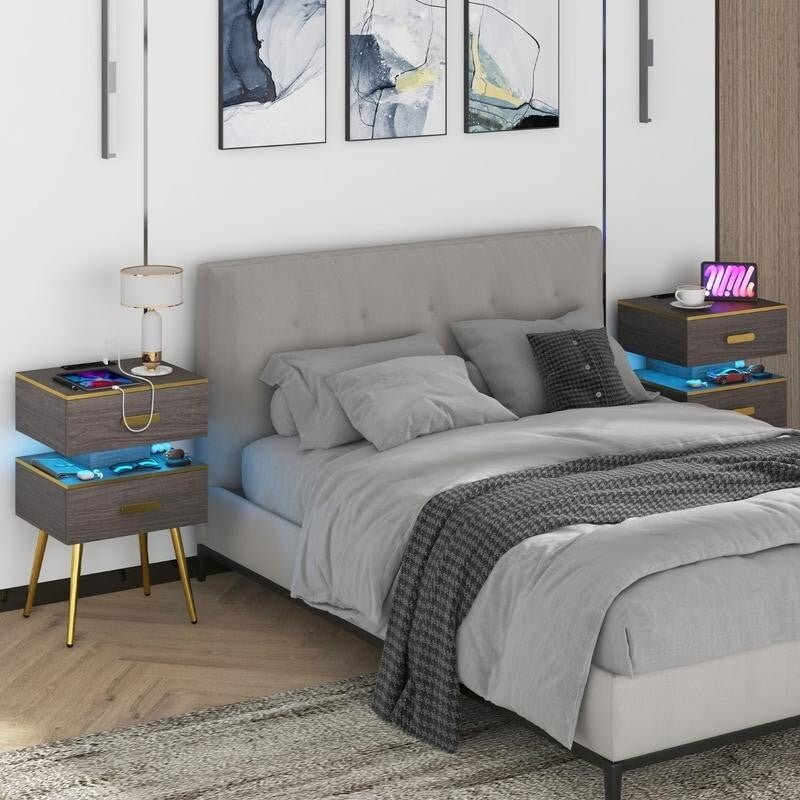 Smart LED Bedside Table w/ 2 Drawers, USB Ports, Shelf, Remote & Plug - Kwikley
