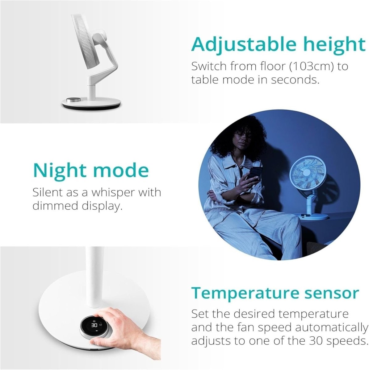 Smart Portable Fan White – 30 Speeds Cordless Remote App Control Quiet Cooling - Kwikley