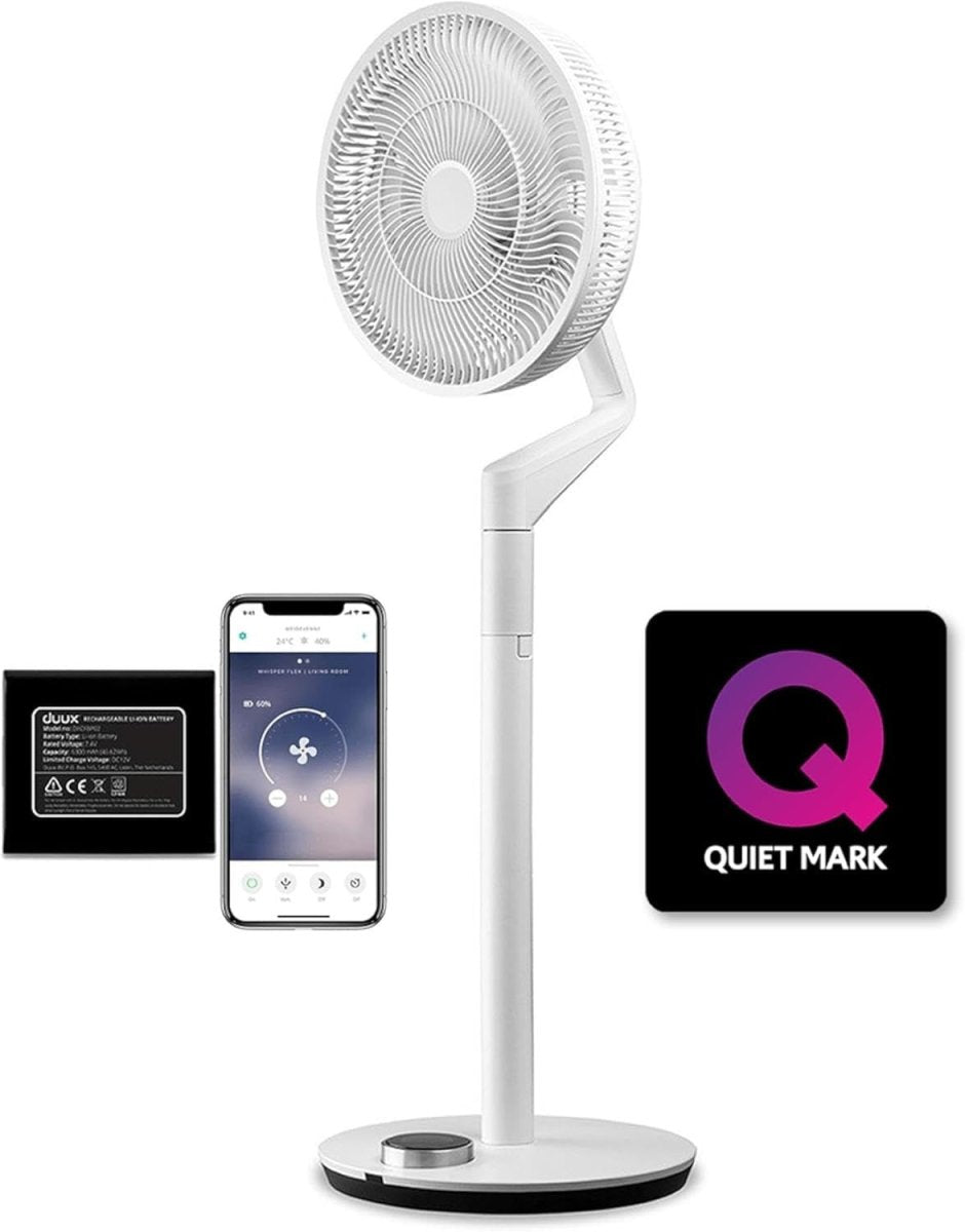 Smart Portable Fan White – 30 Speeds Cordless Remote App Control Quiet Cooling - Kwikley