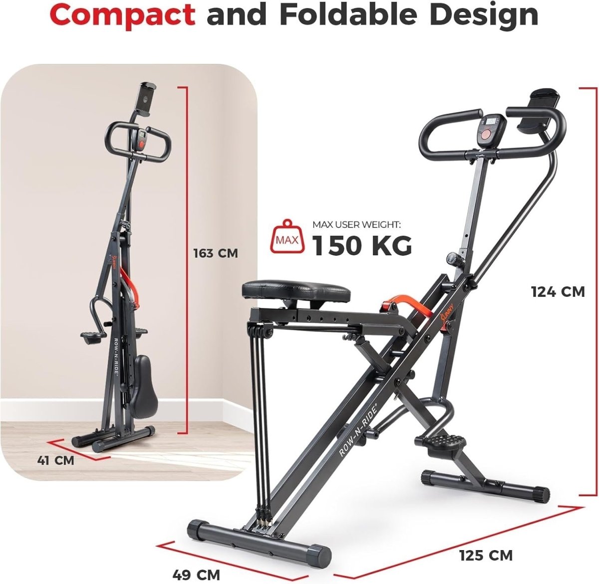 Smart Row-N-Ride Squat Machine Foldable Full Body Trainer LCD App Bands 150KG - Kwikley