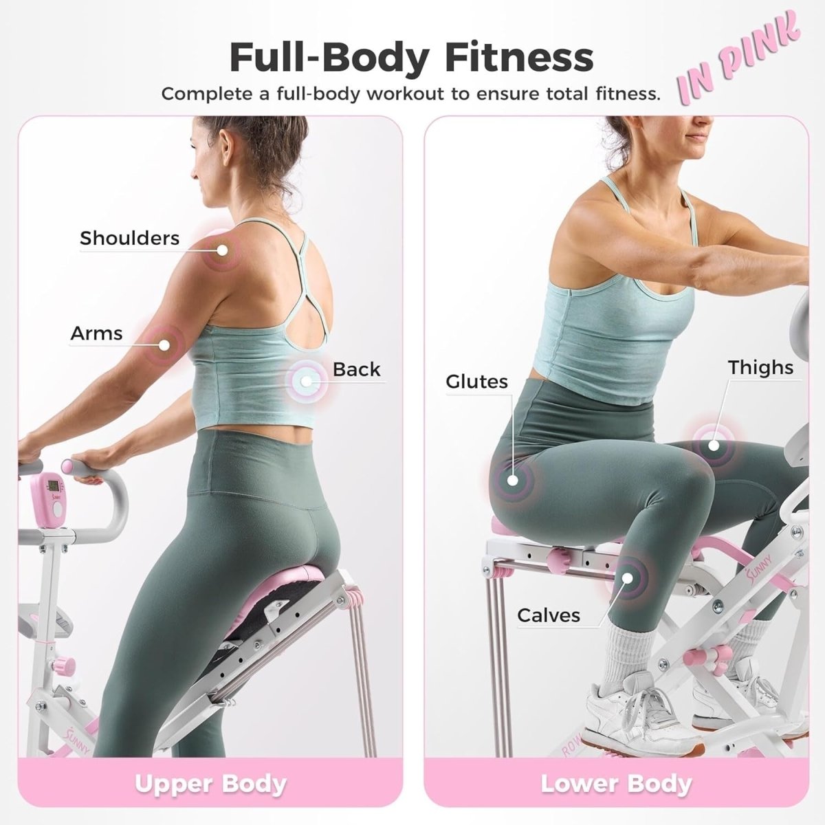 Smart Row-N-Ride Squat Machine Pink Foldable Full Body Trainer LCD App 150KG - Kwikley