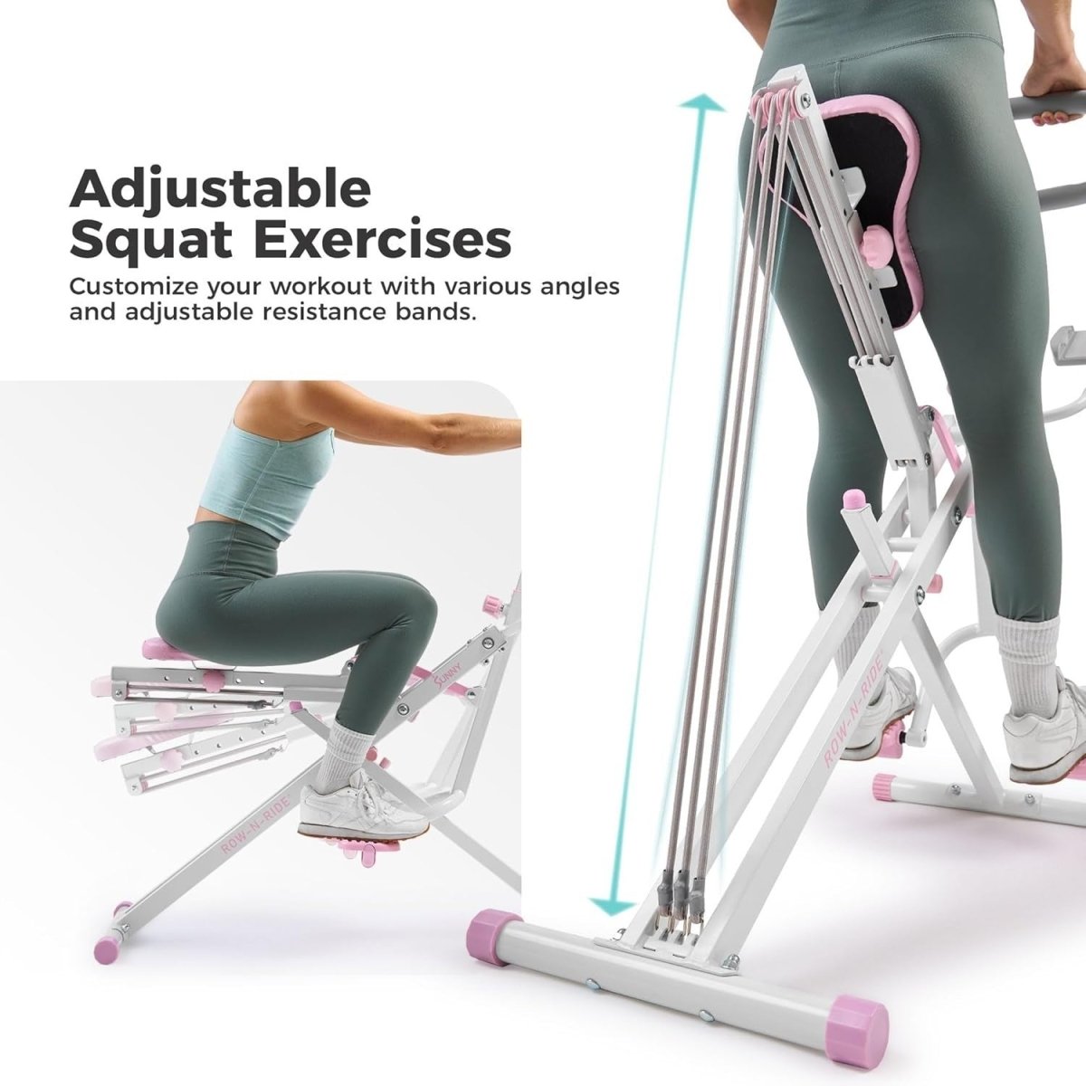 Smart Row-N-Ride Squat Machine Pink Foldable Full Body Trainer LCD App 150KG - Kwikley