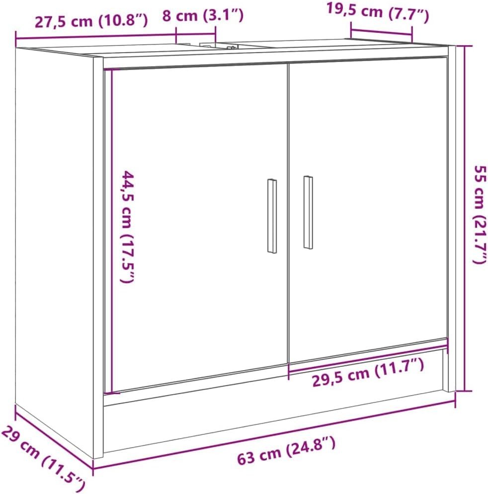 Smoked Oak Bathroom Sink Cabinet – 2 Door Under Sink Storage Unit 63x55cm - Kwikley