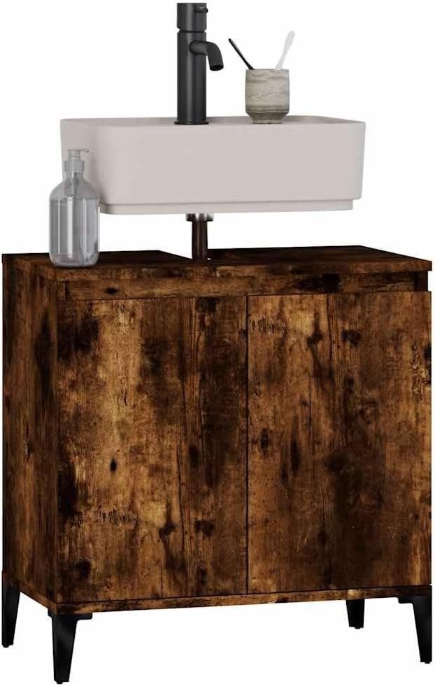 Smoked Oak Bathroom Sink Cabinet | 58x33x60cm Under Sink Storage Unit - Kwikley