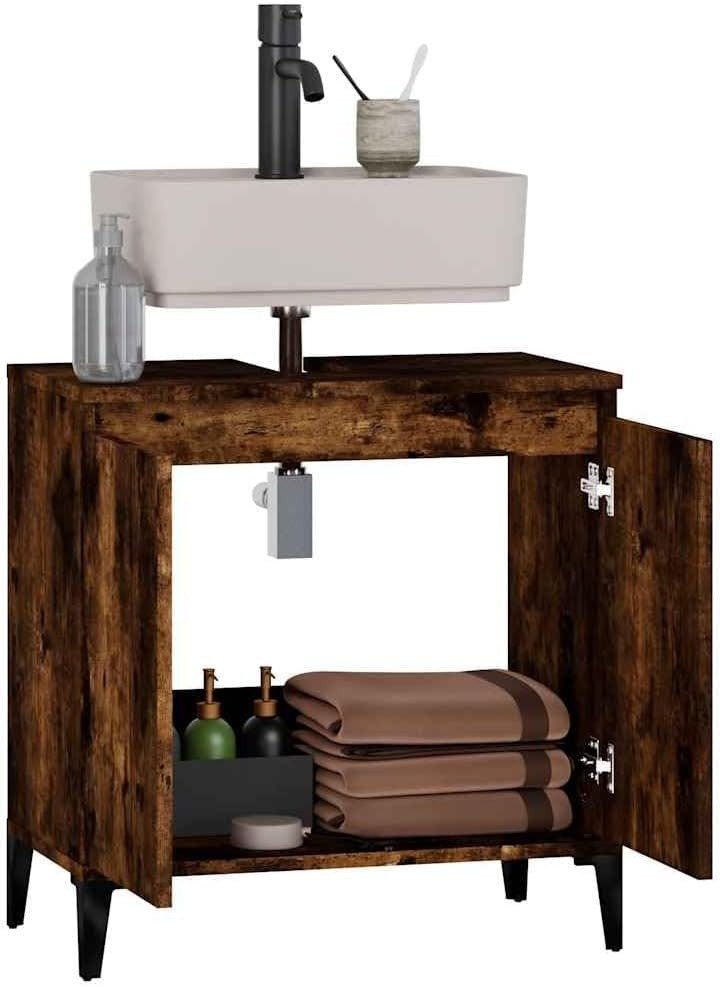 Smoked Oak Bathroom Sink Cabinet | 58x33x60cm Under Sink Storage Unit - Kwikley