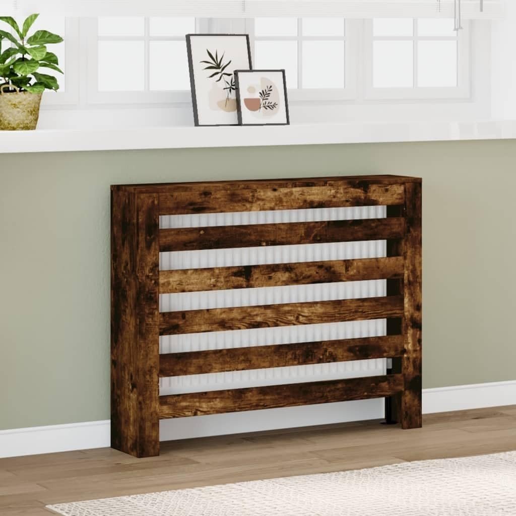 Smoked Oak Radiator Cover Modern Slatted Heater Cabinet Shelf Brown Wood - Kwikley