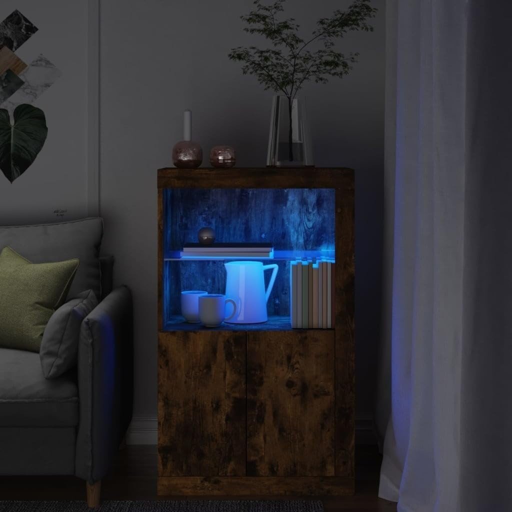 Smoked Oak Sideboard with LED Lights – Spacious Storage Cabinet - Kwikley