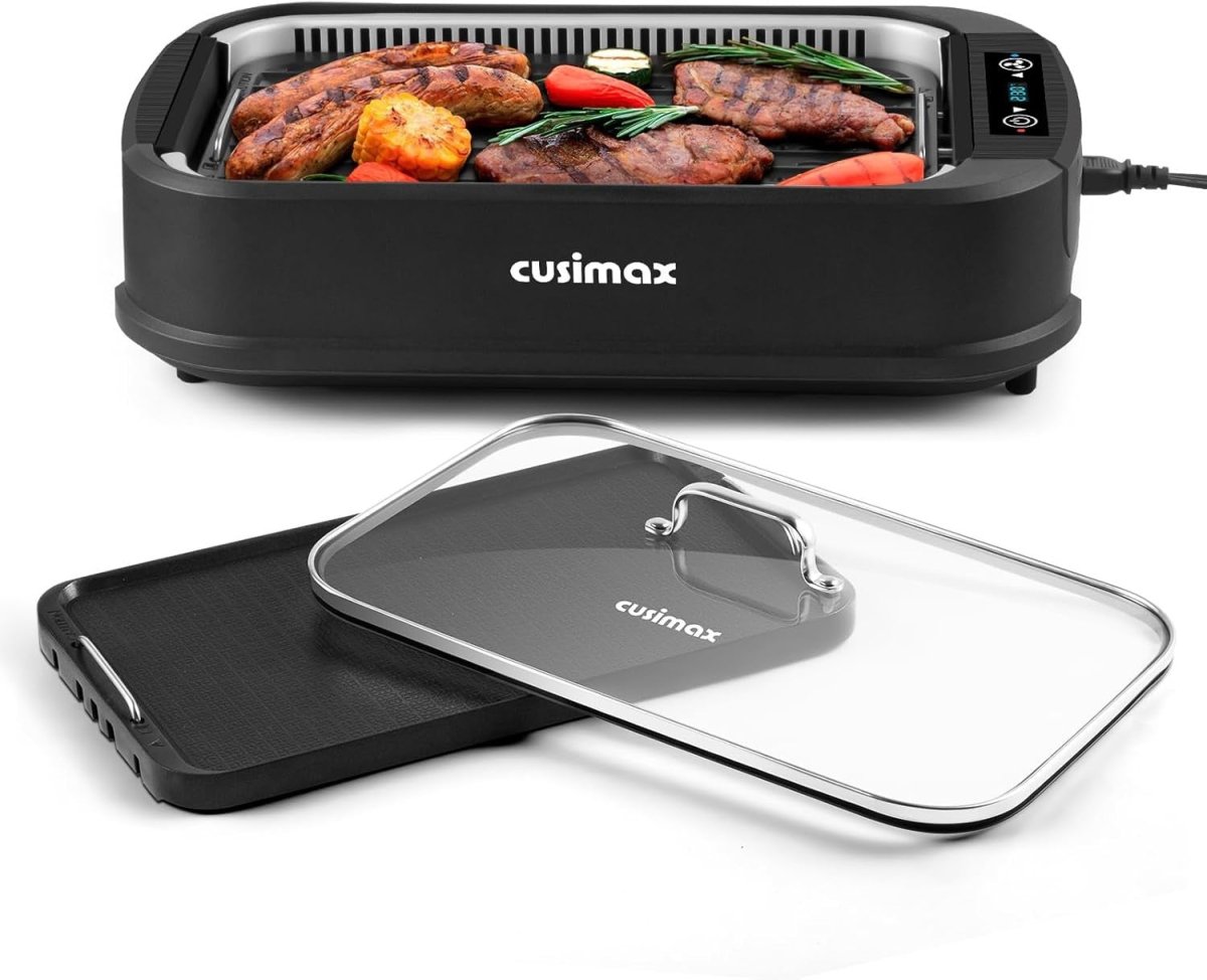 Smokeless Electric Indoor Grill & Griddle 1500W Non - Stick Plate with Glass Lid - Kwikley