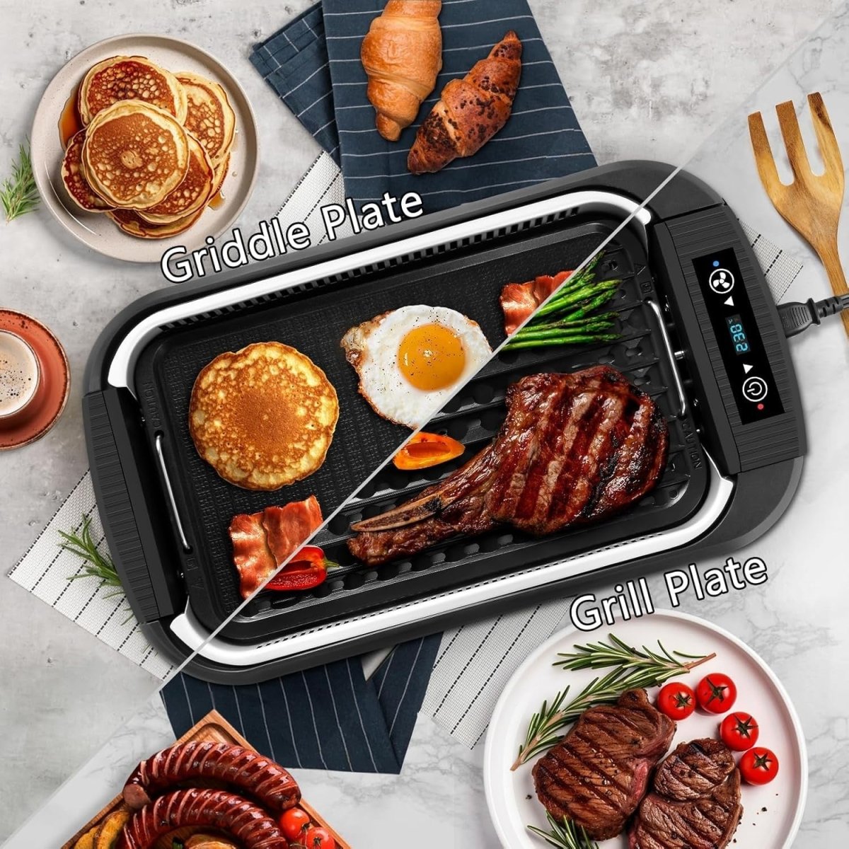 Smokeless Electric Indoor Grill & Griddle 1500W Non - Stick Plate with Glass Lid - Kwikley