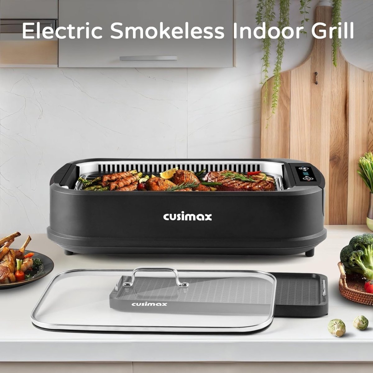 Smokeless Electric Indoor Grill & Griddle 1500W Non - Stick Plate with Glass Lid - Kwikley