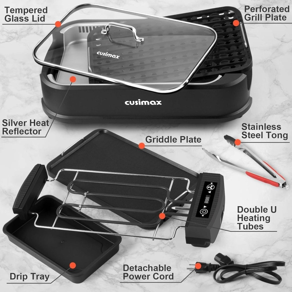 Smokeless Electric Indoor Grill & Griddle 1500W Non - Stick Plate with Glass Lid - Kwikley