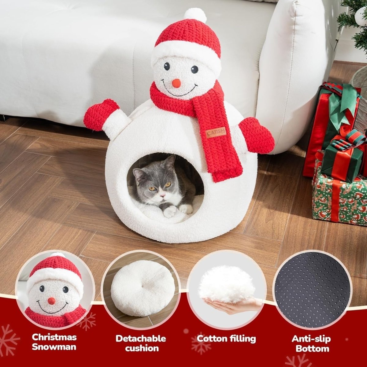 Snowman Cat Cave Bed Plush Igloo Washable Non Slip Pet House Indoor - Kwikley