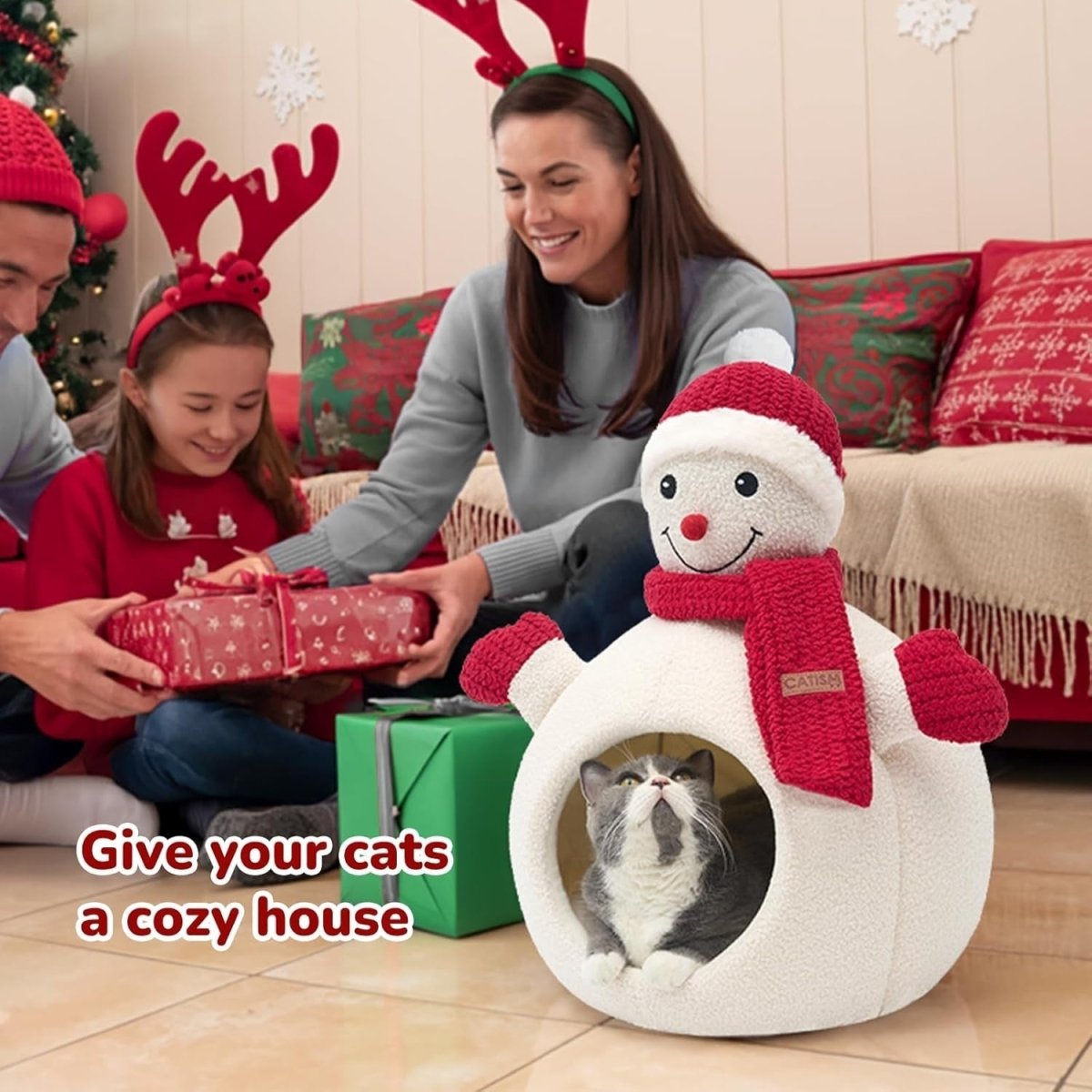 Snowman Cat Cave Bed Plush Igloo Washable Non Slip Pet House Indoor - Kwikley