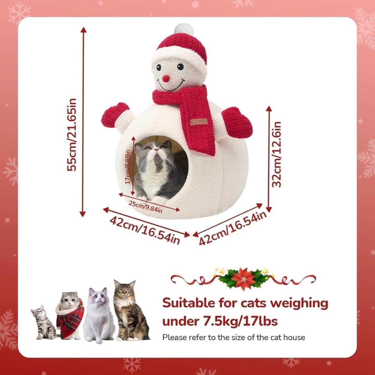 Snowman Cat Cave Bed Plush Igloo Washable Non Slip Pet House Indoor - Kwikley