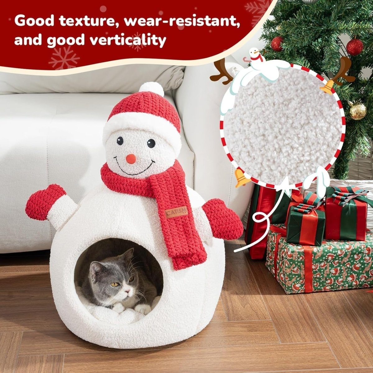 Snowman Cat Cave Bed Plush Igloo Washable Non Slip Pet House Indoor - Kwikley