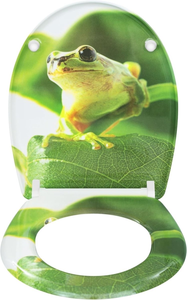 Soft Close O - Shaped Toilet Seat Quick Release Duroplast Green Frog Print - Kwikley