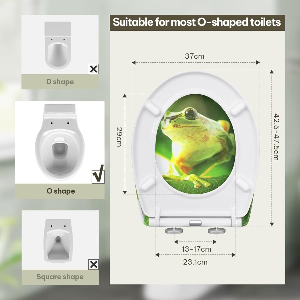 Soft Close O - Shaped Toilet Seat Quick Release Duroplast Green Frog Print - Kwikley