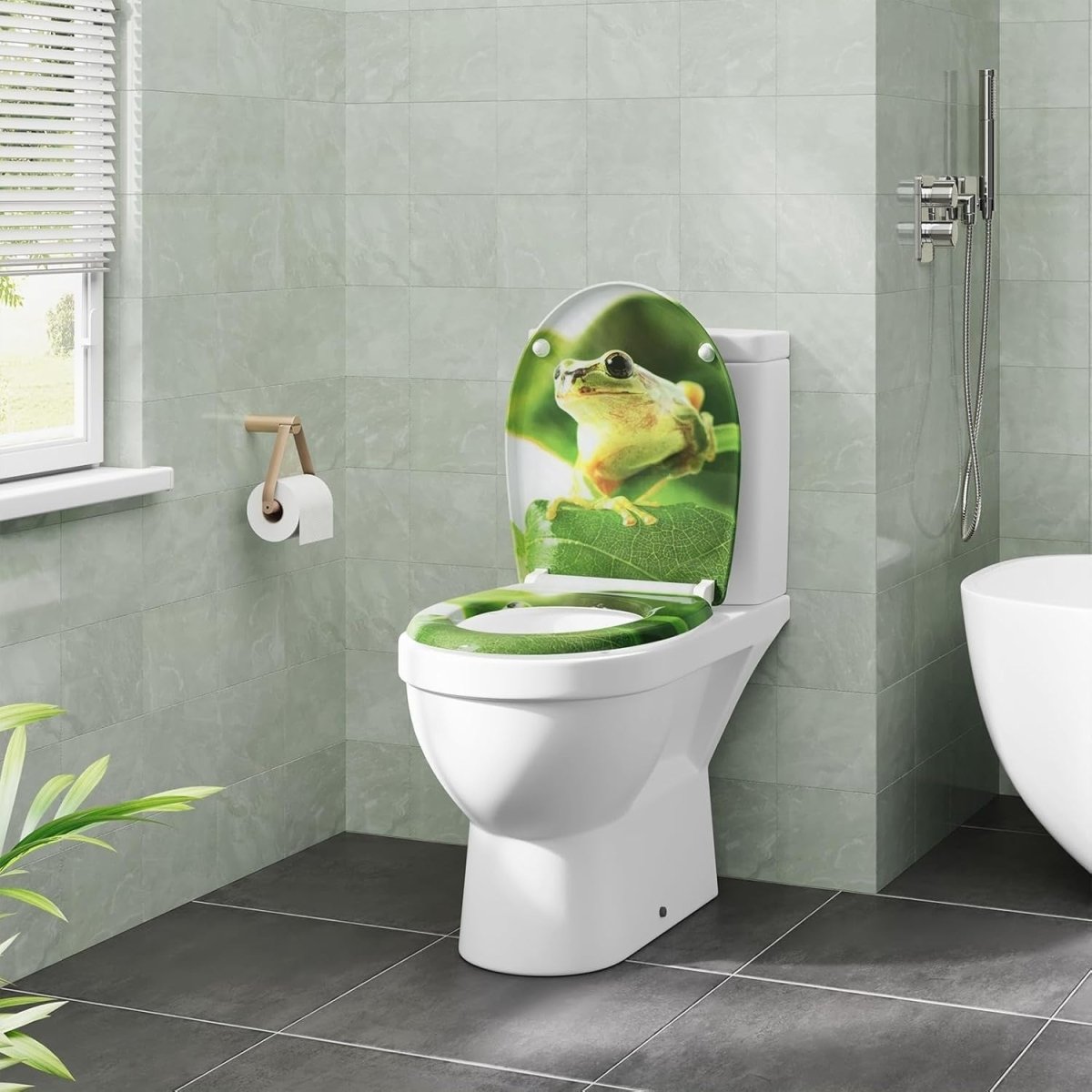 Soft Close O - Shaped Toilet Seat Quick Release Duroplast Green Frog Print - Kwikley