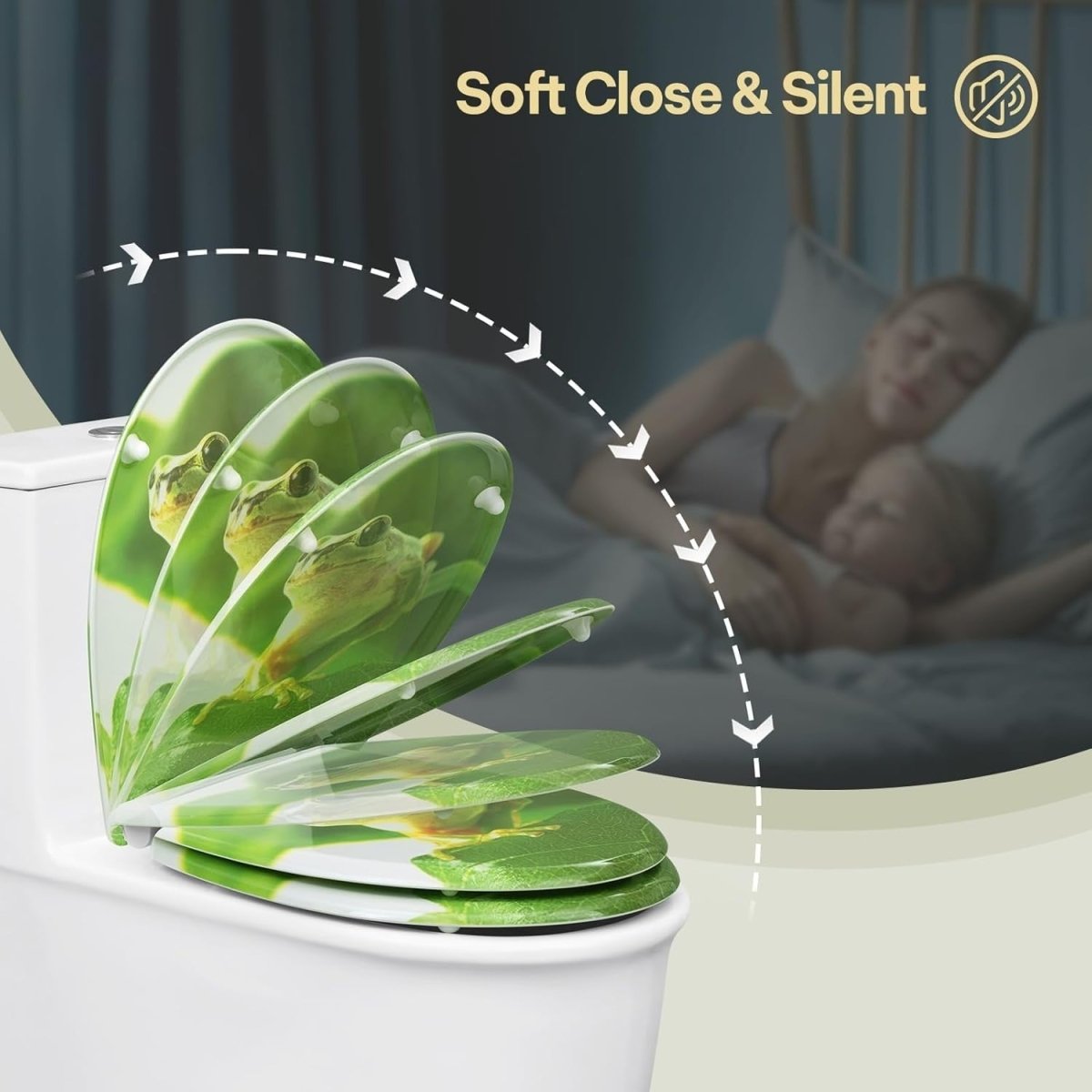 Soft Close O - Shaped Toilet Seat Quick Release Duroplast Green Frog Print - Kwikley