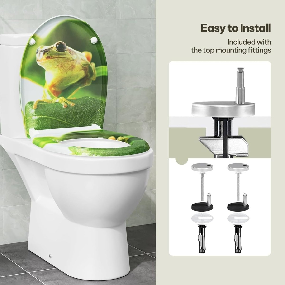 Soft Close O - Shaped Toilet Seat Quick Release Duroplast Green Frog Print - Kwikley