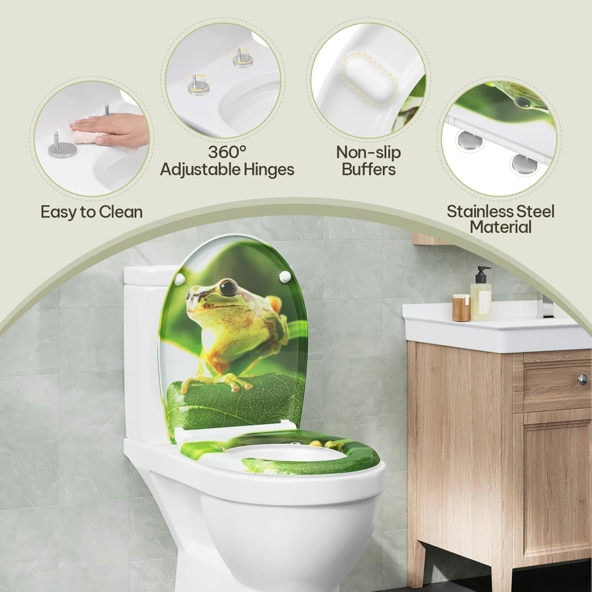 Soft Close O - Shaped Toilet Seat Quick Release Duroplast Green Frog Print - Kwikley