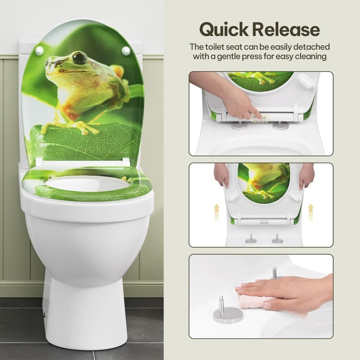 Soft Close O - Shaped Toilet Seat Quick Release Duroplast Green Frog Print - Kwikley