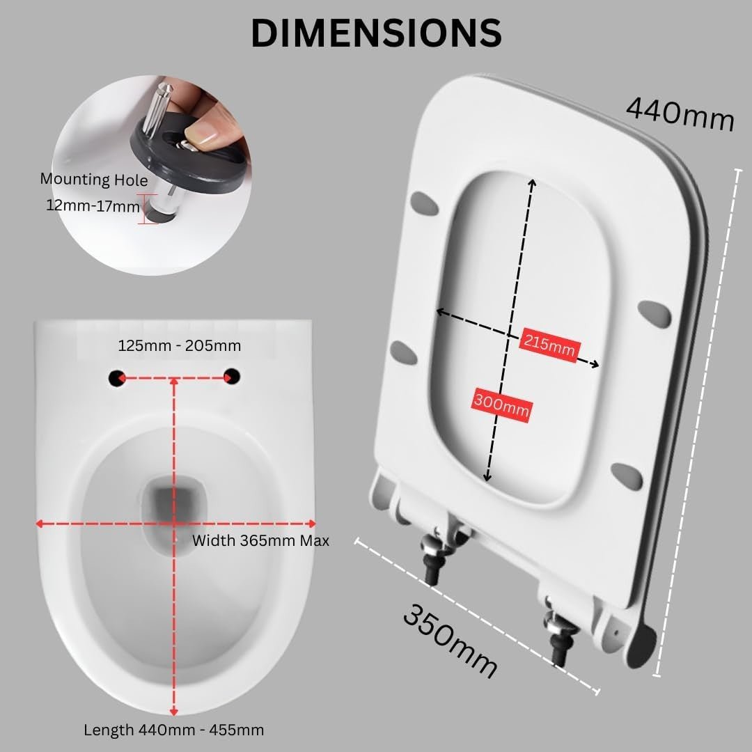 Soft Close Square Toilet Seat Ultra Slim Quick Release Thermoset 352x444mm - Kwikley